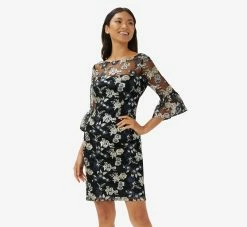 Adrianna Papell Floral Embroidered Illusion Short Sheath Dress With Bell Sleeves In Black Multi