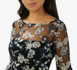 Adrianna Papell Floral Embroidered Illusion Short Sheath Dress With Bell Sleeves In Black Multi -Adrianna Papell Shop AP1D104845 AA960 Regular Detail