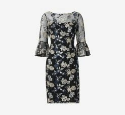 Adrianna Papell Floral Embroidered Illusion Short Sheath Dress With Bell Sleeves In Black Multi -Adrianna Papell Shop AP1D104845 AA960 Regular Flat