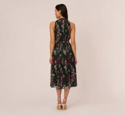 Adrianna Papell Floral Pleated Chiffon Dress With Mock Neckline In Hunter Multi -Adrianna Papell Shop AP1D104866 AH390 Regular Back