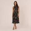 Adrianna Papell Floral Pleated Chiffon Dress With Mock Neckline In Hunter Multi