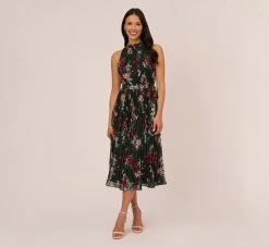 Adrianna Papell Floral Pleated Chiffon Dress With Mock Neckline In Hunter Multi