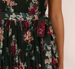 Adrianna Papell Floral Pleated Chiffon Dress With Mock Neckline In Hunter Multi -Adrianna Papell Shop AP1D104866 AH390 Regular Lifestyle