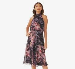 Adrianna Papell Floral-Print Chiffon Short Blouson Halter Dress In Black Multi