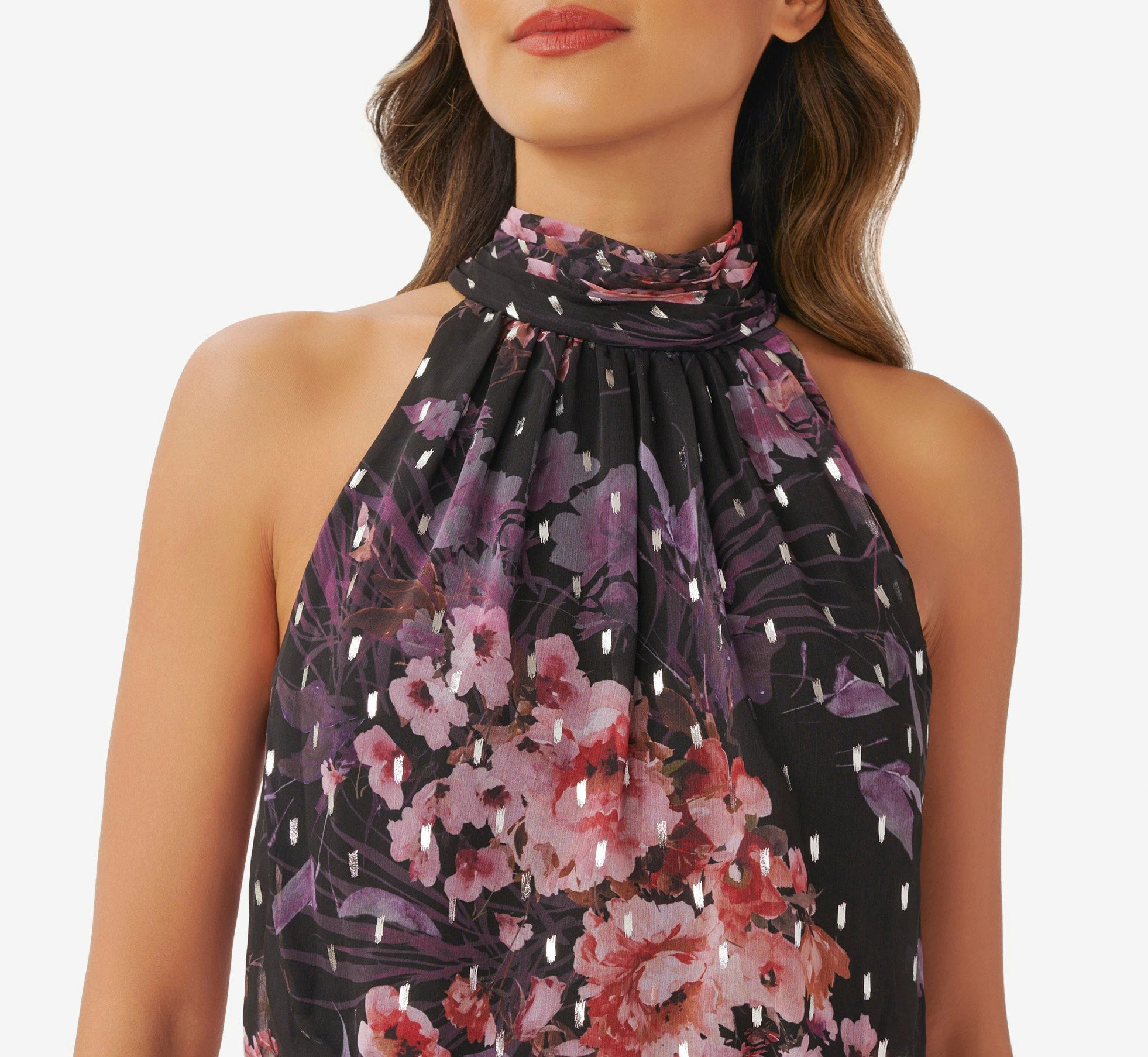 Adrianna Papell Floral-Print Chiffon Short Blouson Halter Dress In Black Multi 6 Adrianna Papell Floral-Print Chiffon Short Blouson Halter Dress In Black Multi - Image 6