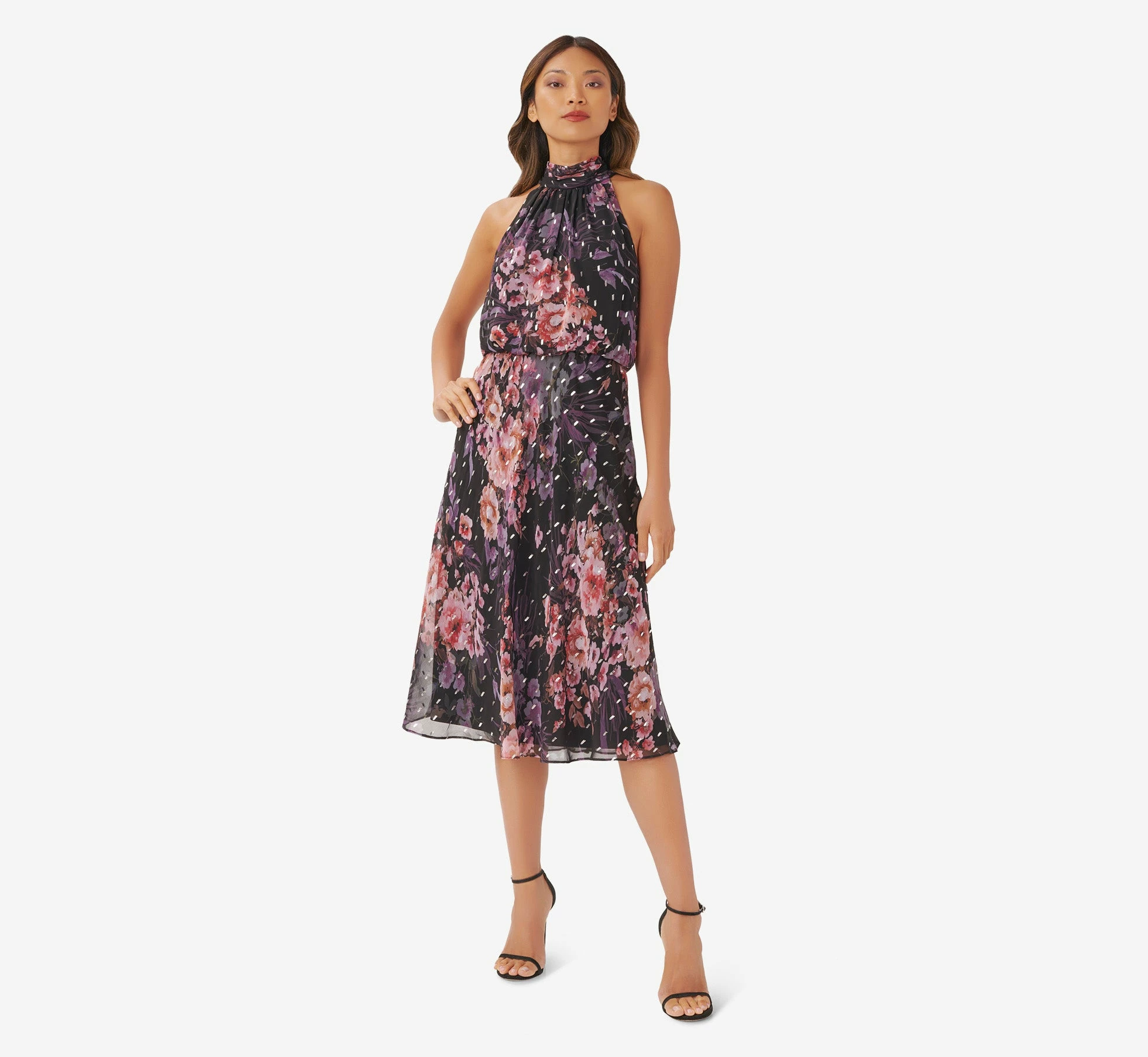 Adrianna Papell Floral-Print Chiffon Short Blouson Halter Dress In Black Multi 4 Adrianna Papell Floral-Print Chiffon Short Blouson Halter Dress In Black Multi - Image 4