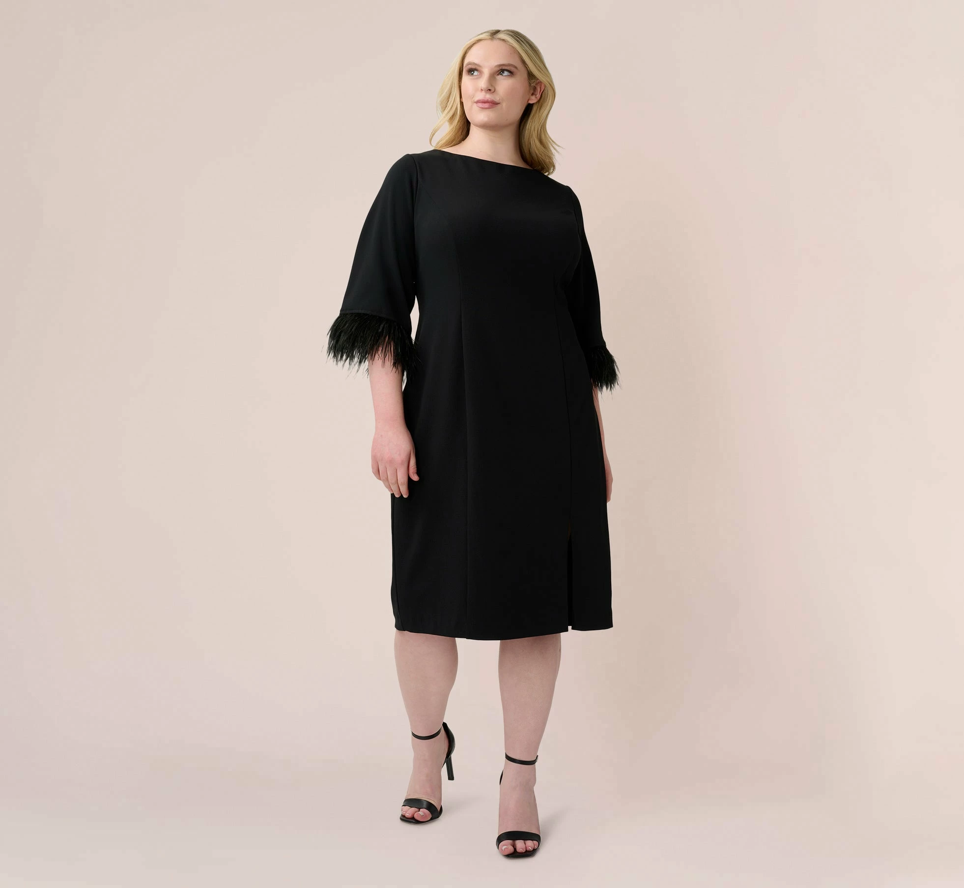 Adrianna Papell Plus Size Crepe Sheath Dress With V-Back And Feather-Trim Sleeves In Black 5 Adrianna Papell Plus Size Crepe Sheath Dress With V-Back And Feather-Trim Sleeves In Black - Image 5