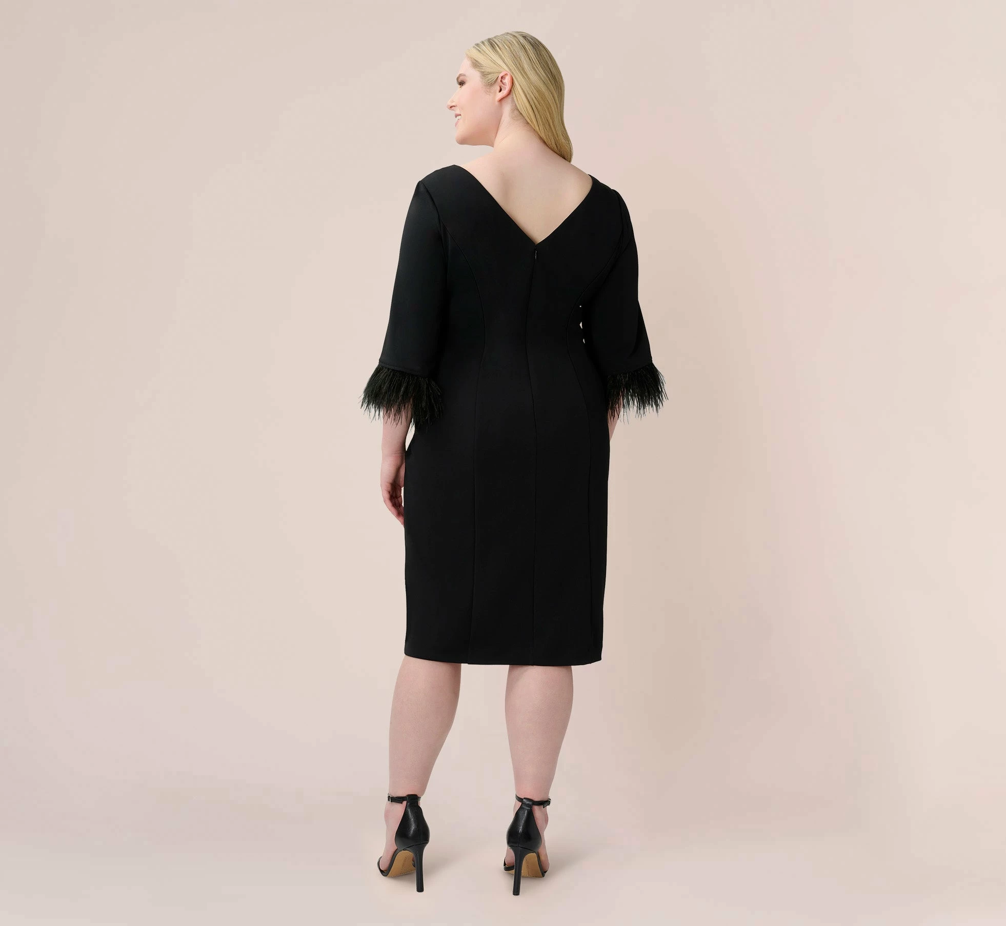 Adrianna Papell Plus Size Crepe Sheath Dress With V-Back And Feather-Trim Sleeves In Black 4 Adrianna Papell Plus Size Crepe Sheath Dress With V-Back And Feather-Trim Sleeves In Black - Image 4