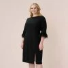 Adrianna Papell Plus Size Crepe Sheath Dress With V-Back And Feather-Trim Sleeves In Black
