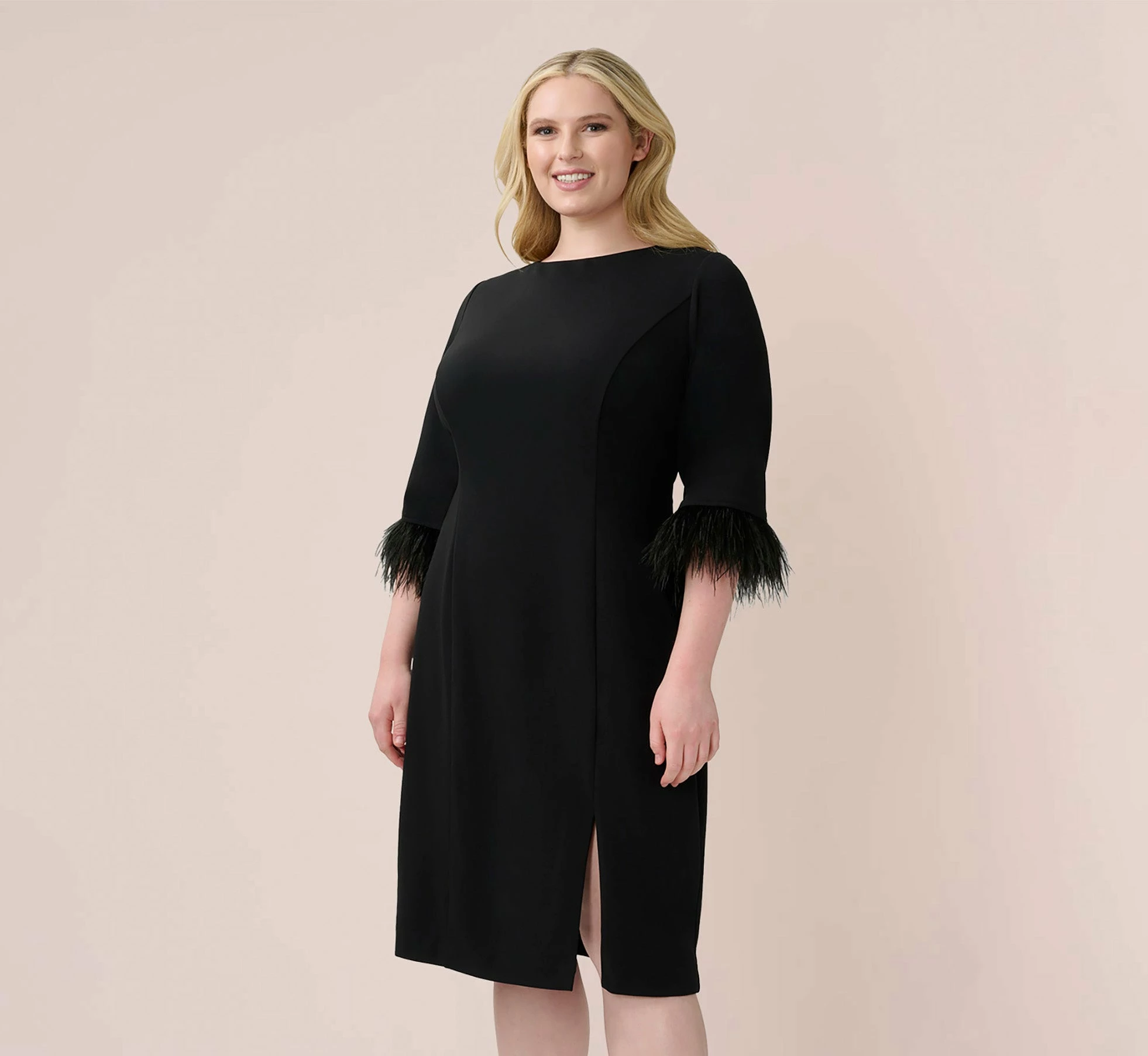 Adrianna Papell Plus Size Crepe Sheath Dress With V-Back And Feather-Trim Sleeves In Black 1 Adrianna Papell Plus Size Crepe Sheath Dress With V-Back And Feather-Trim Sleeves In Black