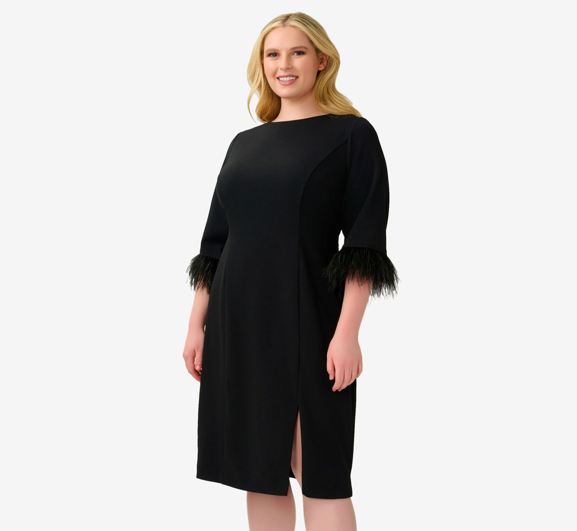 Adrianna Papell Plus Size Crepe Sheath Dress With V-Back And Feather-Trim Sleeves In Black 6 Adrianna Papell Plus Size Crepe Sheath Dress With V-Back And Feather-Trim Sleeves In Black - Image 6