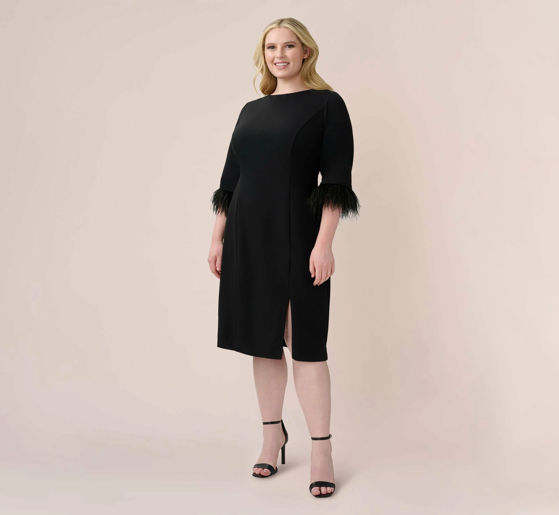 Adrianna Papell Plus Size Crepe Sheath Dress With V-Back And Feather-Trim Sleeves In Black 2 Adrianna Papell Plus Size Crepe Sheath Dress With V-Back And Feather-Trim Sleeves In Black - Image 2