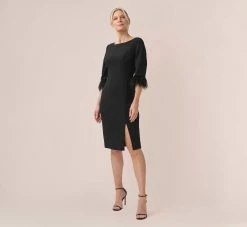 Adrianna Papell Crepe Sheath Dress With V-Back And Feather-Trim Sleeves In Black