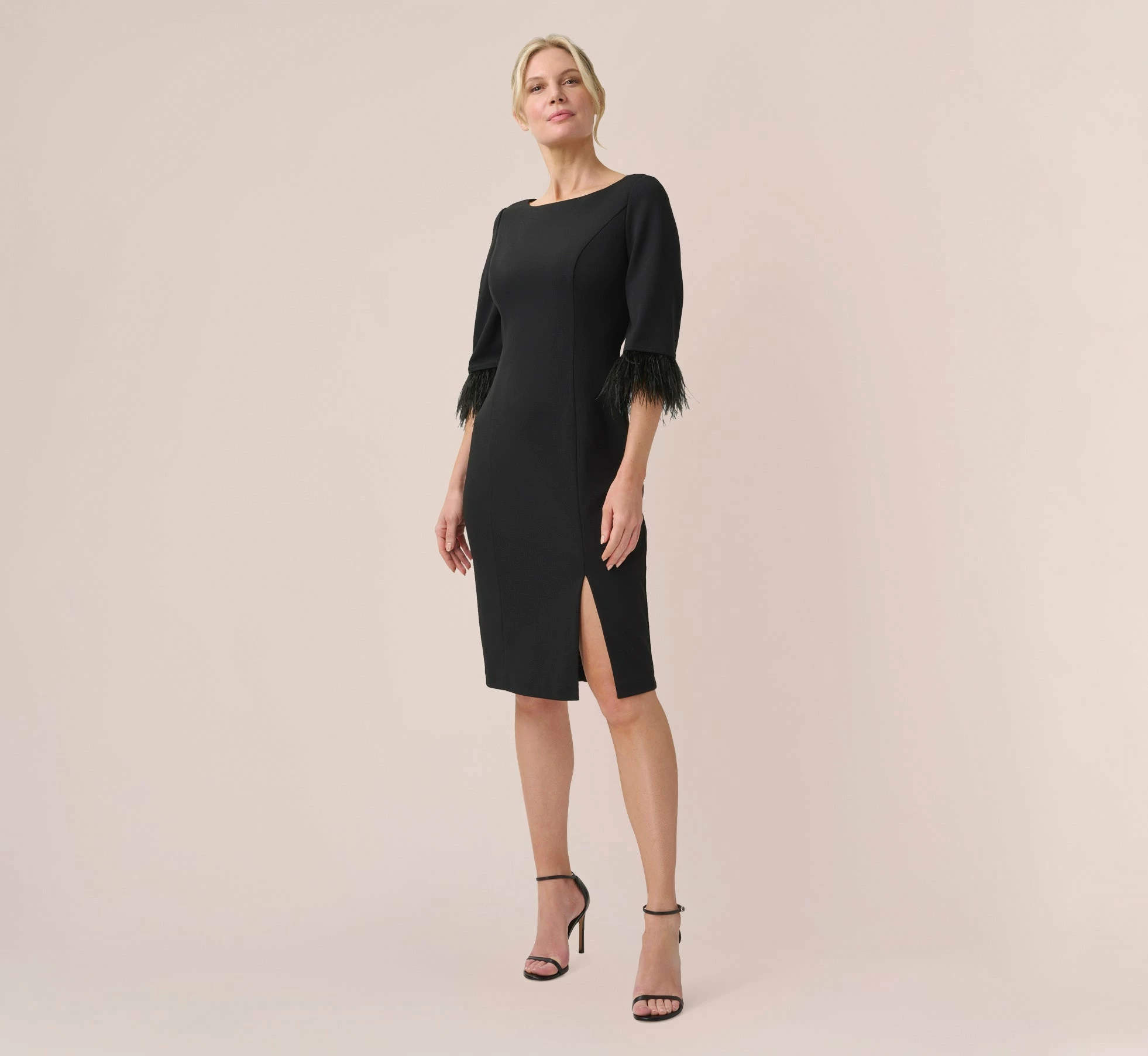 Adrianna Papell Crepe Sheath Dress With V-Back And Feather-Trim Sleeves In Black 1 Adrianna Papell Crepe Sheath Dress With V-Back And Feather-Trim Sleeves In Black