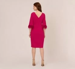 Adrianna Papell Crepe Sheath Dress With V-Back And Feather-Trim Sleeves In Rich Magenta 9 Adrianna Papell Crepe Sheath Dress With V-Back And Feather-Trim Sleeves In Rich Magenta -Adrianna Papell Shop AP1D104892 AQ670 Regular Back