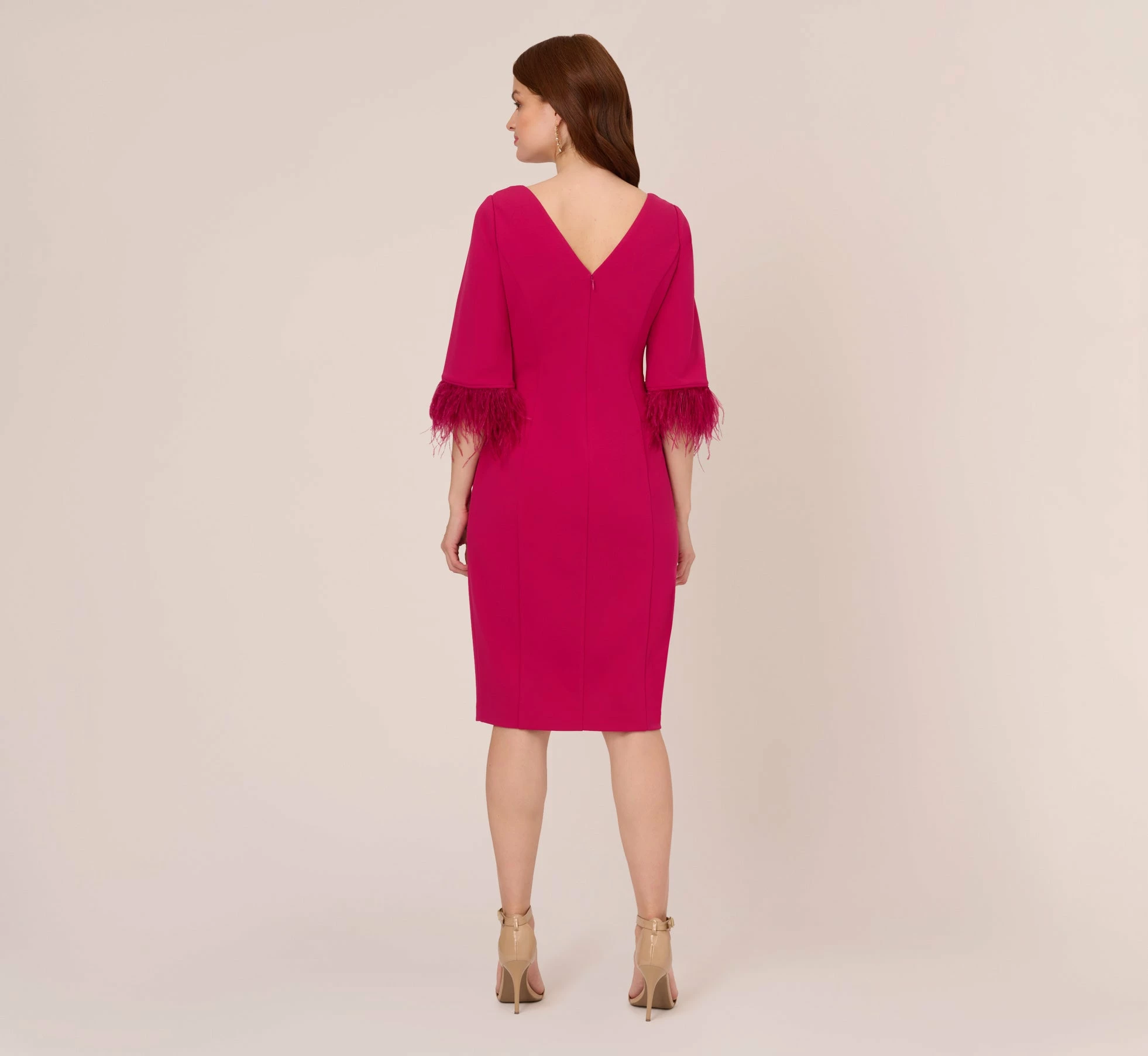 Adrianna Papell Crepe Sheath Dress With V-Back And Feather-Trim Sleeves In Rich Magenta 4 Adrianna Papell Crepe Sheath Dress With V-Back And Feather-Trim Sleeves In Rich Magenta - Image 4