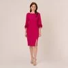 Adrianna Papell Crepe Sheath Dress With V-Back And Feather-Trim Sleeves In Rich Magenta