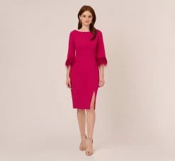 Adrianna Papell Crepe Sheath Dress With V-Back And Feather-Trim Sleeves In Rich Magenta