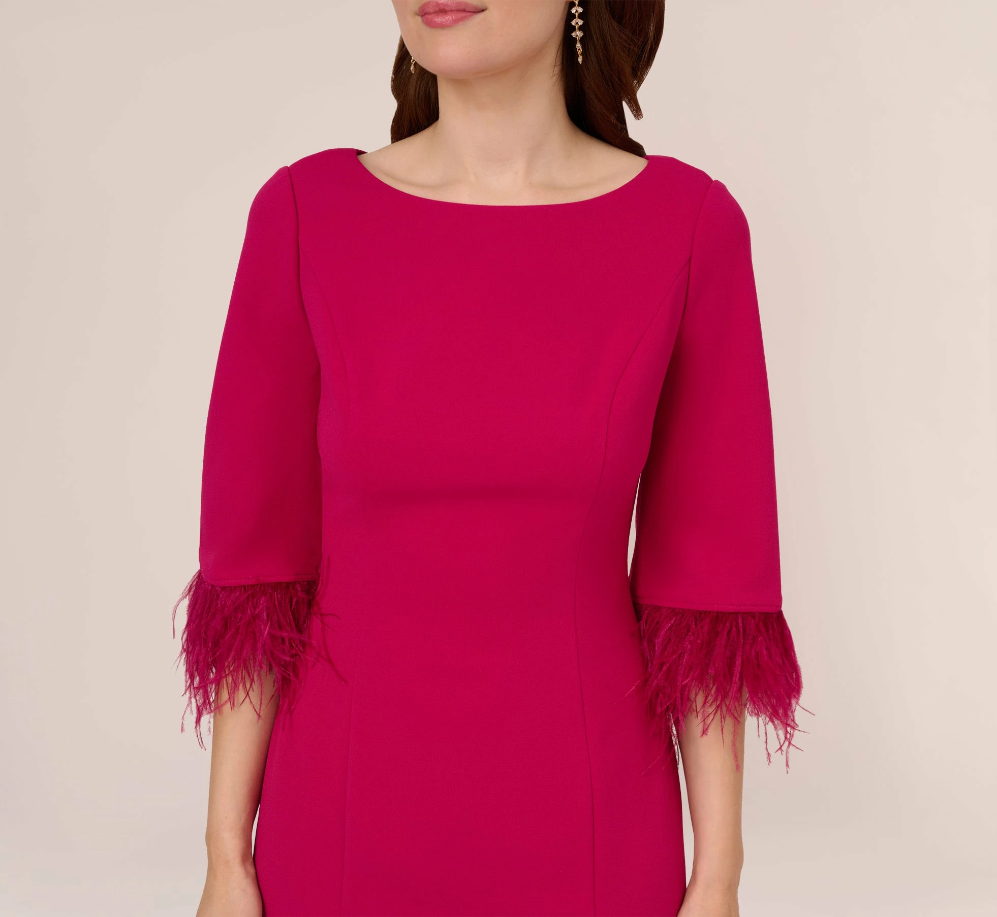 Adrianna Papell Crepe Sheath Dress With V-Back And Feather-Trim Sleeves In Rich Magenta 3 Adrianna Papell Crepe Sheath Dress With V-Back And Feather-Trim Sleeves In Rich Magenta - Image 3