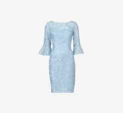 Adrianna Papell Sequined And Guipure Lace Illusion Short Sheath Cocktail Dress In Skyway -Adrianna Papell Shop AP1D104894 AC459 Regular Flat