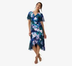 Adrianna Papell Floral-Print Stretch Twill And Chiffon Short Dress With Flounce Hem In Navy Multi 8 Adrianna Papell Floral-Print Stretch Twill And Chiffon Short Dress With Flounce Hem In Navy Multi -Adrianna Papell Shop AP1D104895 AD411 Regular Alternate