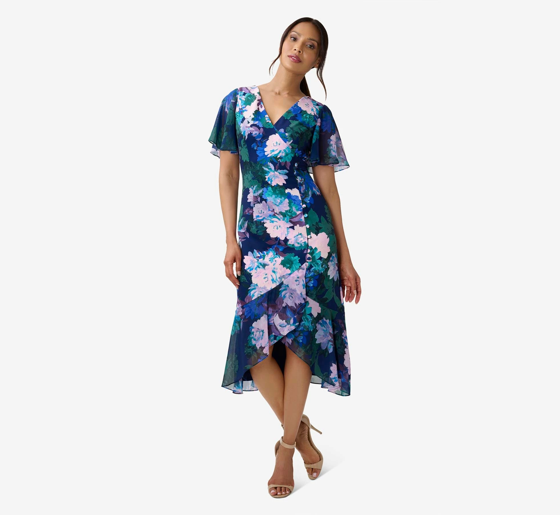 Adrianna Papell Floral-Print Stretch Twill And Chiffon Short Dress With Flounce Hem In Navy Multi 4 Adrianna Papell Floral-Print Stretch Twill And Chiffon Short Dress With Flounce Hem In Navy Multi - Image 4