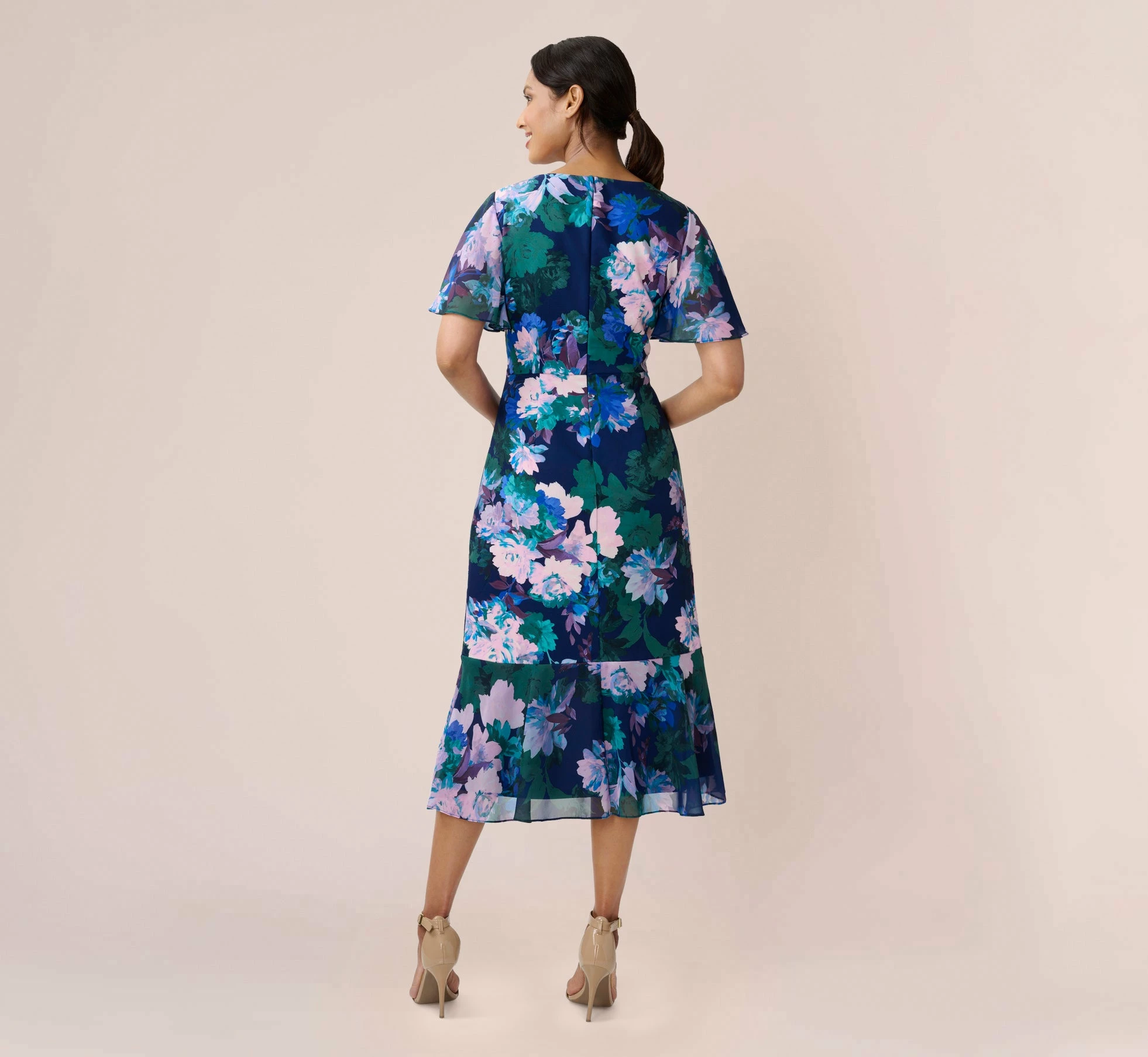 Adrianna Papell Floral-Print Stretch Twill And Chiffon Short Dress With Flounce Hem In Navy Multi 2 Adrianna Papell Floral-Print Stretch Twill And Chiffon Short Dress With Flounce Hem In Navy Multi - Image 2