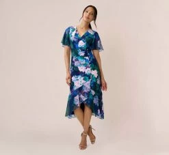 Adrianna Papell Floral-Print Stretch Twill And Chiffon Short Dress With Flounce Hem In Navy Multi