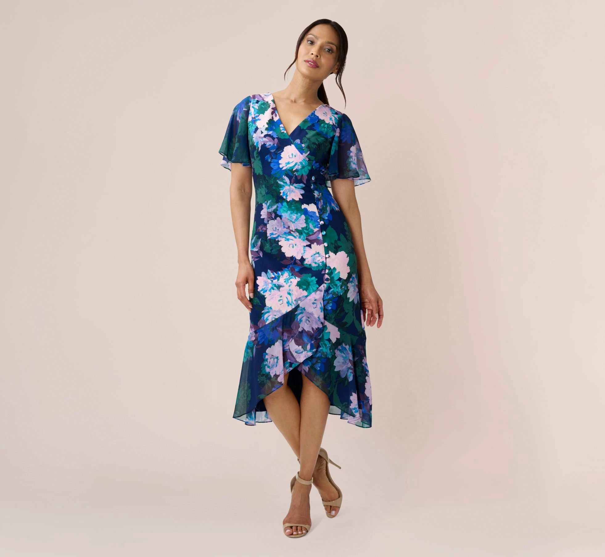 Adrianna Papell Floral-Print Stretch Twill And Chiffon Short Dress With Flounce Hem In Navy Multi 1 Adrianna Papell Floral-Print Stretch Twill And Chiffon Short Dress With Flounce Hem In Navy Multi