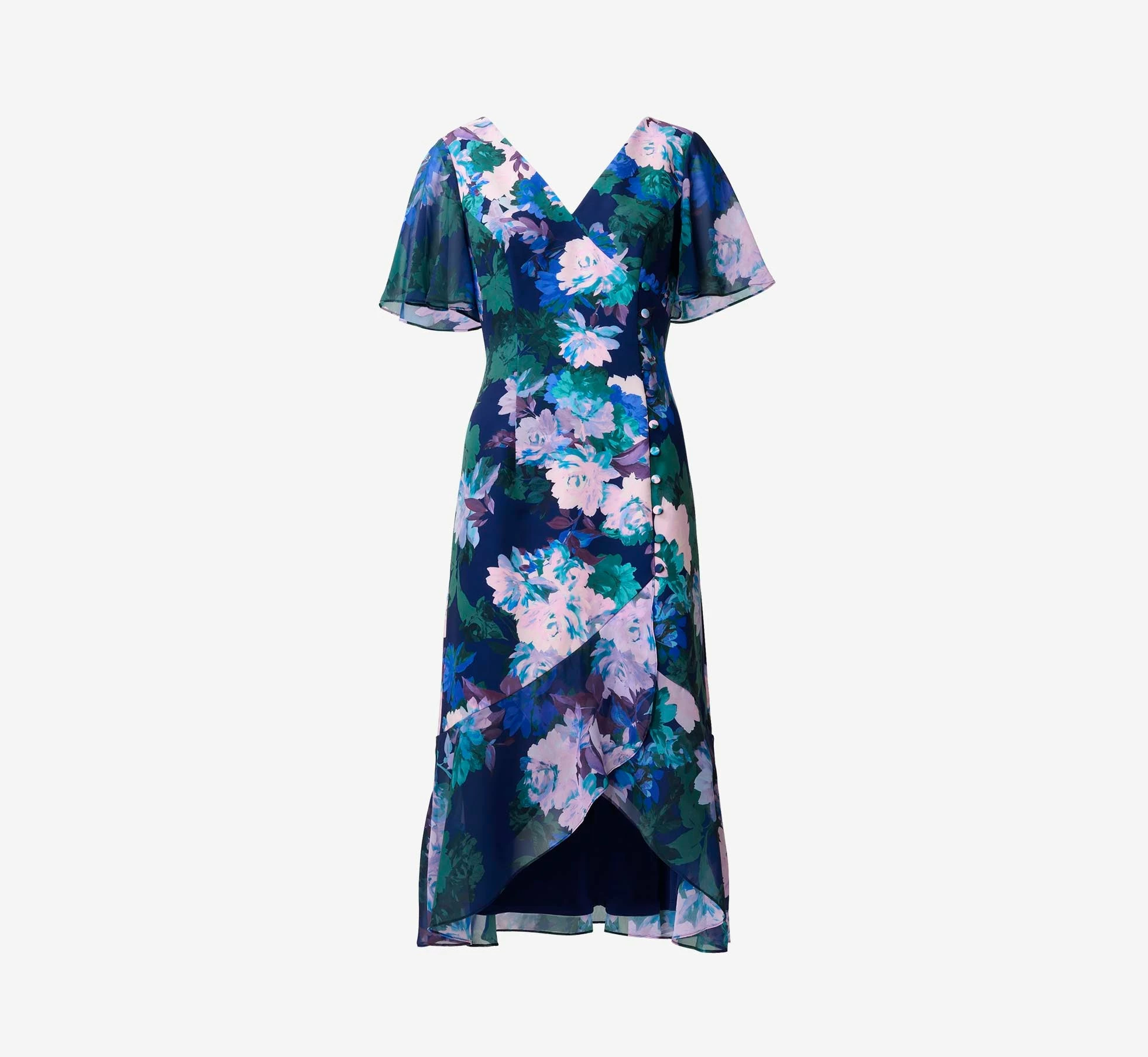 Adrianna Papell Floral-Print Stretch Twill And Chiffon Short Dress With Flounce Hem In Navy Multi 5 Adrianna Papell Floral-Print Stretch Twill And Chiffon Short Dress With Flounce Hem In Navy Multi - Image 5