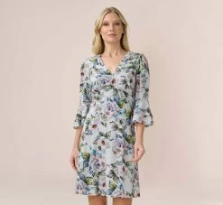 Adrianna Papell Floral-Print Stretch Chiffon Short Fit-And-Flare Dress In Grey Multi