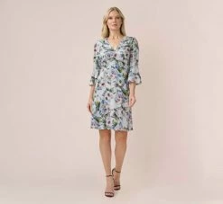 Adrianna Papell Floral-Print Stretch Chiffon Short Fit-And-Flare Dress In Grey Multi -Adrianna Papell Shop AP1D104902 AF090 Regular Side