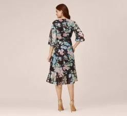 Adrianna Papell Floral Print Chiffon Short Faux Wrap Dress In Black Multi -Adrianna Papell Shop AP1D104914 AA960 Regular Back