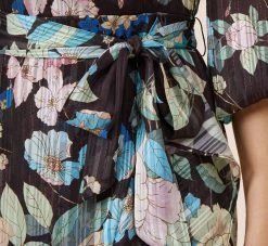 Adrianna Papell Floral Print Chiffon Short Faux Wrap Dress In Black Multi -Adrianna Papell Shop AP1D104914 AA960 Regular Detail