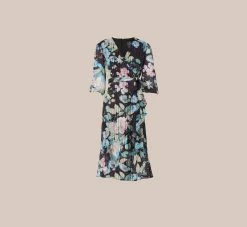 Adrianna Papell Floral Print Chiffon Short Faux Wrap Dress In Black Multi -Adrianna Papell Shop AP1D104914 AA960 Regular Flat
