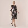 Adrianna Papell Metallic Floral-Print Chiffon Short Wrap Dress In Black Multi