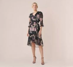 Adrianna Papell Metallic Floral-Print Chiffon Short Wrap Dress In Black Multi -Adrianna Papell Shop AP1D104917 AA963 Regular Default