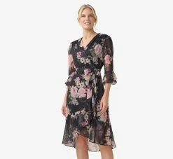 Adrianna Papell Metallic Floral-Print Chiffon Short Wrap Dress In Black Multi -Adrianna Papell Shop AP1D104917 AA963 Regular Default e204c7e0 3c0b 4c37 bc33 f48e16bbec40