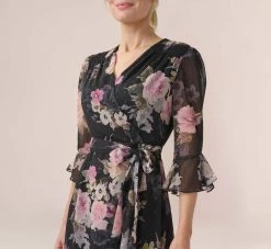 Adrianna Papell Metallic Floral-Print Chiffon Short Wrap Dress In Black Multi -Adrianna Papell Shop AP1D104917 AA963 Regular Detail