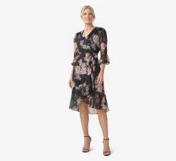 Adrianna Papell Metallic Floral-Print Chiffon Short Wrap Dress In Black Multi -Adrianna Papell Shop AP1D104917 AA963 Regular Side