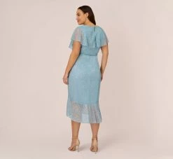 Adrianna Papell Plus Size Floral Metallic Stencil Midi-Length Mermaid Dress With Capelet In Light Blue 9 Adrianna Papell Plus Size Floral Metallic Stencil Midi-Length Mermaid Dress With Capelet In Light Blue -Adrianna Papell Shop AP1D104918 AA486 Plus Back