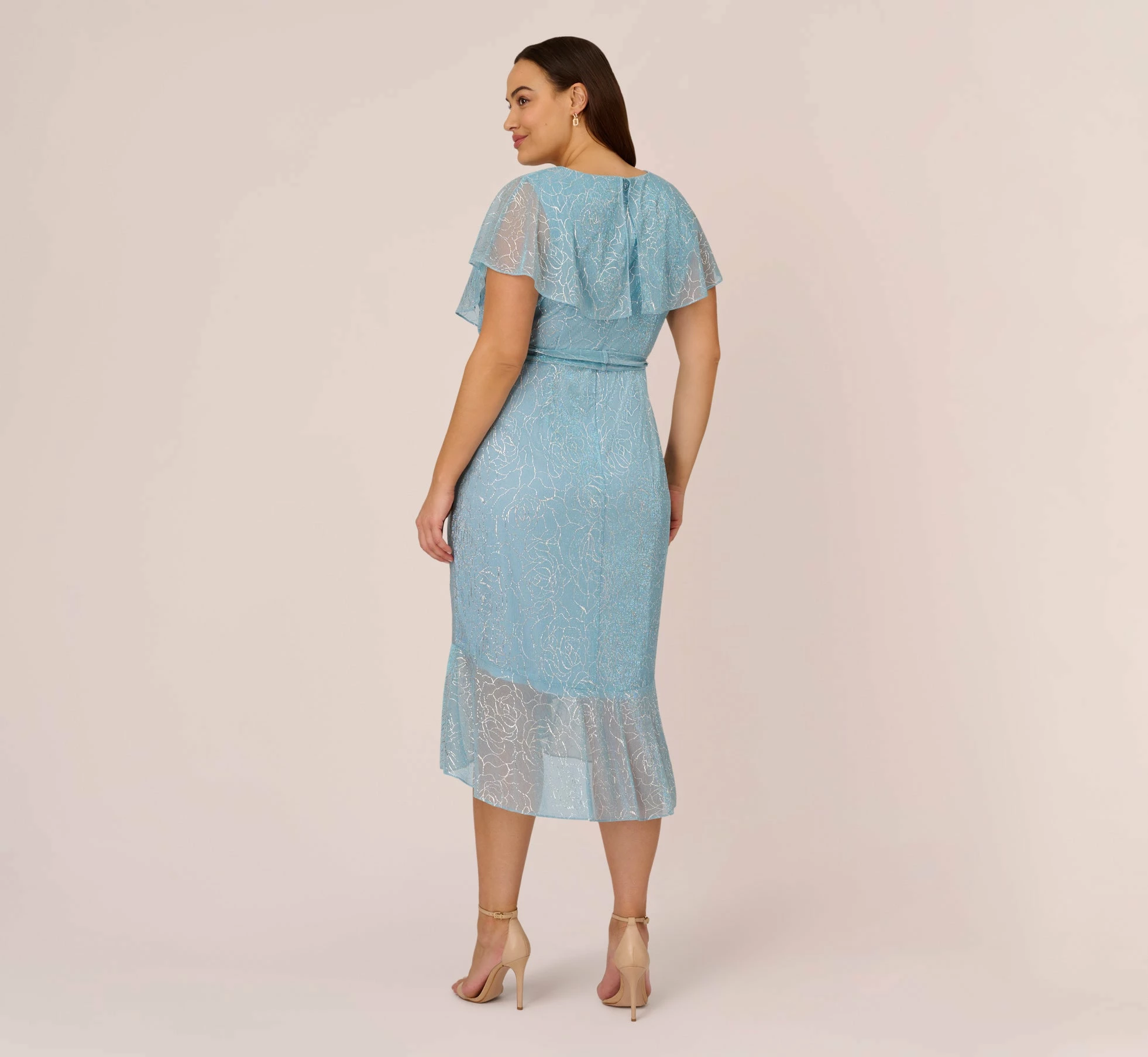 Adrianna Papell Plus Size Floral Metallic Stencil Midi-Length Mermaid Dress With Capelet In Light Blue 4 Adrianna Papell Plus Size Floral Metallic Stencil Midi-Length Mermaid Dress With Capelet In Light Blue - Image 4