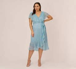 Adrianna Papell Plus Size Floral Metallic Stencil Midi-Length Mermaid Dress With Capelet In Light Blue
