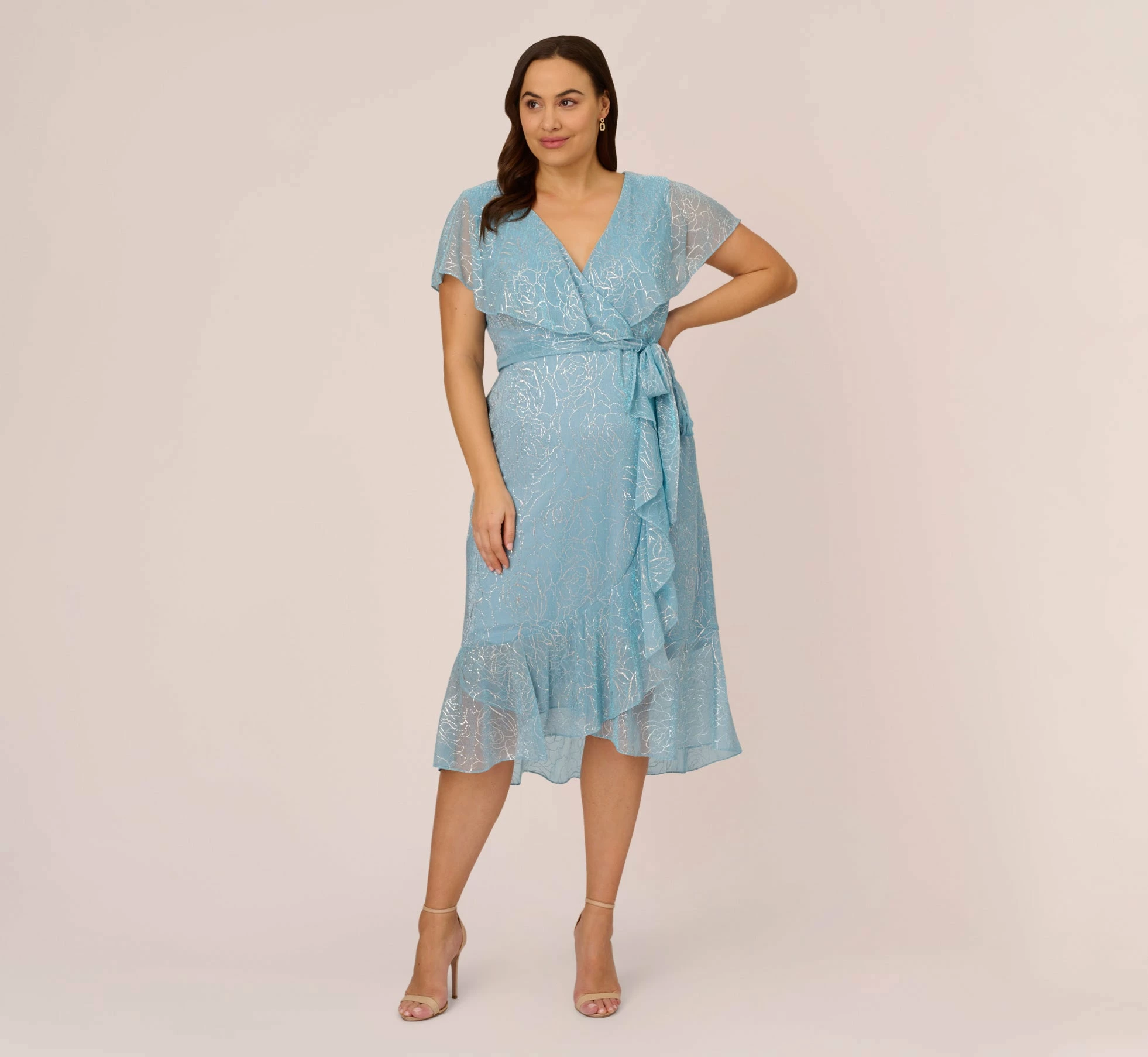 Adrianna Papell Plus Size Floral Metallic Stencil Midi-Length Mermaid Dress With Capelet In Light Blue 1 Adrianna Papell Plus Size Floral Metallic Stencil Midi-Length Mermaid Dress With Capelet In Light Blue