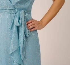 Adrianna Papell Plus Size Floral Metallic Stencil Midi-Length Mermaid Dress With Capelet In Light Blue 10 Adrianna Papell Plus Size Floral Metallic Stencil Midi-Length Mermaid Dress With Capelet In Light Blue -Adrianna Papell Shop AP1D104918 AA486 Plus Detail