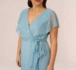 Adrianna Papell Plus Size Floral Metallic Stencil Midi-Length Mermaid Dress With Capelet In Light Blue 8 Adrianna Papell Plus Size Floral Metallic Stencil Midi-Length Mermaid Dress With Capelet In Light Blue -Adrianna Papell Shop AP1D104918 AA486 Plus Lifestyle