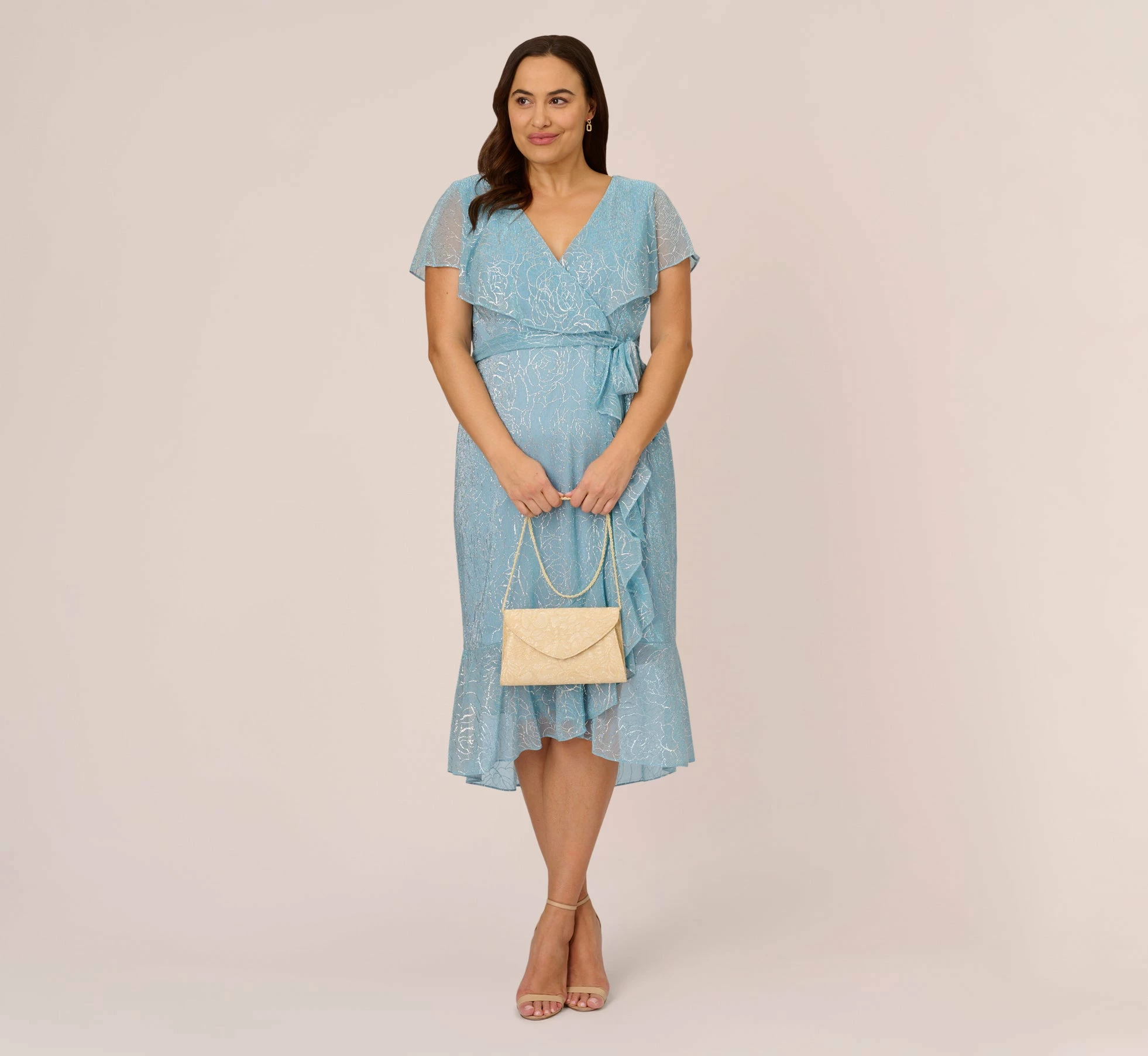 Adrianna Papell Plus Size Floral Metallic Stencil Midi-Length Mermaid Dress With Capelet In Light Blue 2 Adrianna Papell Plus Size Floral Metallic Stencil Midi-Length Mermaid Dress With Capelet In Light Blue - Image 2