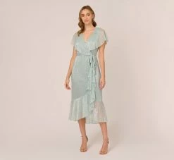 Adrianna Papell Floral Metallic Stencil Midi-Length Mermaid Dress With Capelet In Sea Glass