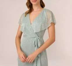 Adrianna Papell Floral Metallic Stencil Midi-Length Mermaid Dress With Capelet In Sea Glass -Adrianna Papell Shop AP1D104918 AD480 Regular Detail