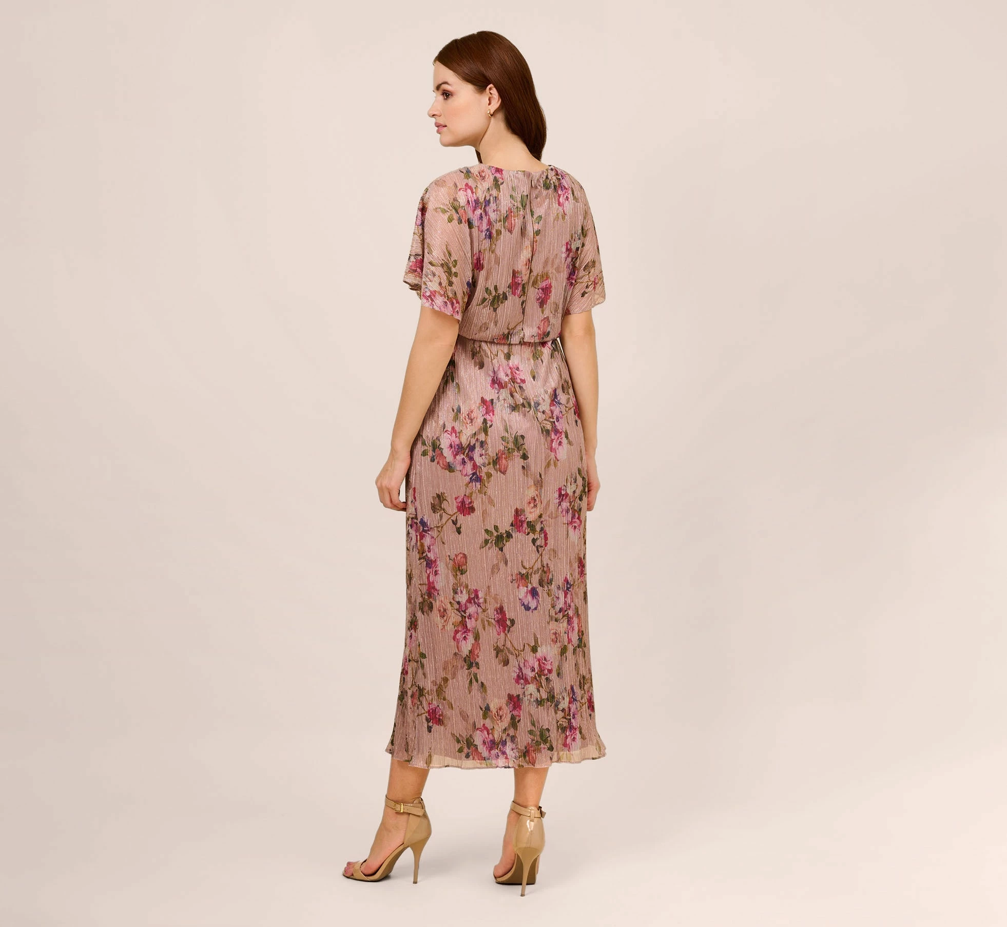 Adrianna Papell Floral-Print Metallic Crinkled Mesh Midi-Length Blouson Dress In Rose Multi 4 Adrianna Papell Floral-Print Metallic Crinkled Mesh Midi-Length Blouson Dress In Rose Multi - Image 4